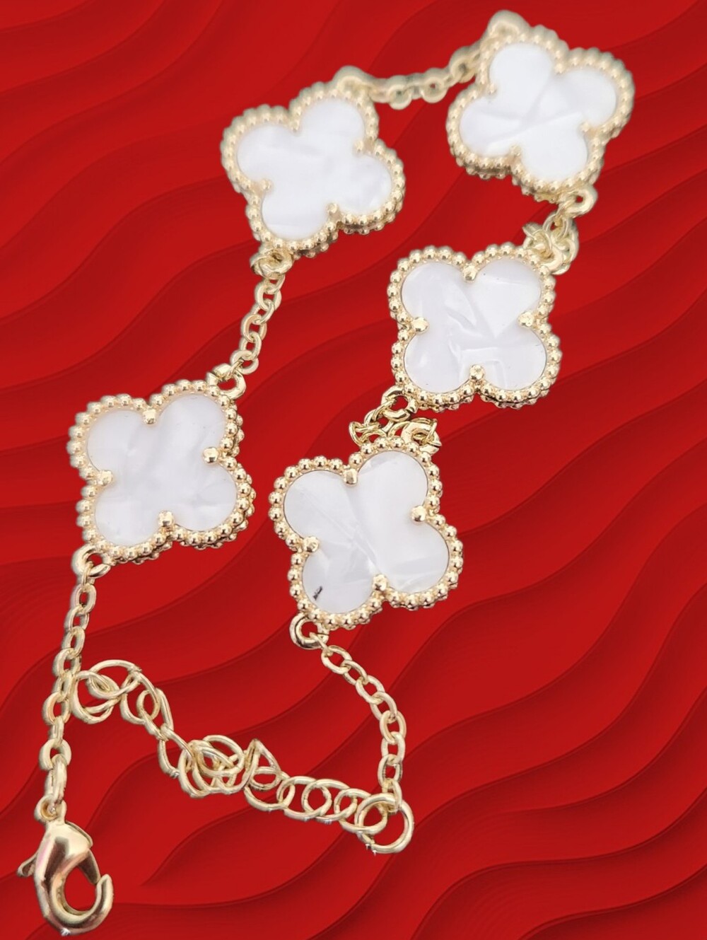 BRACELET -  Mother of Pearl 5 Clover Link Bracelet With Extender - Picture 3 of 3